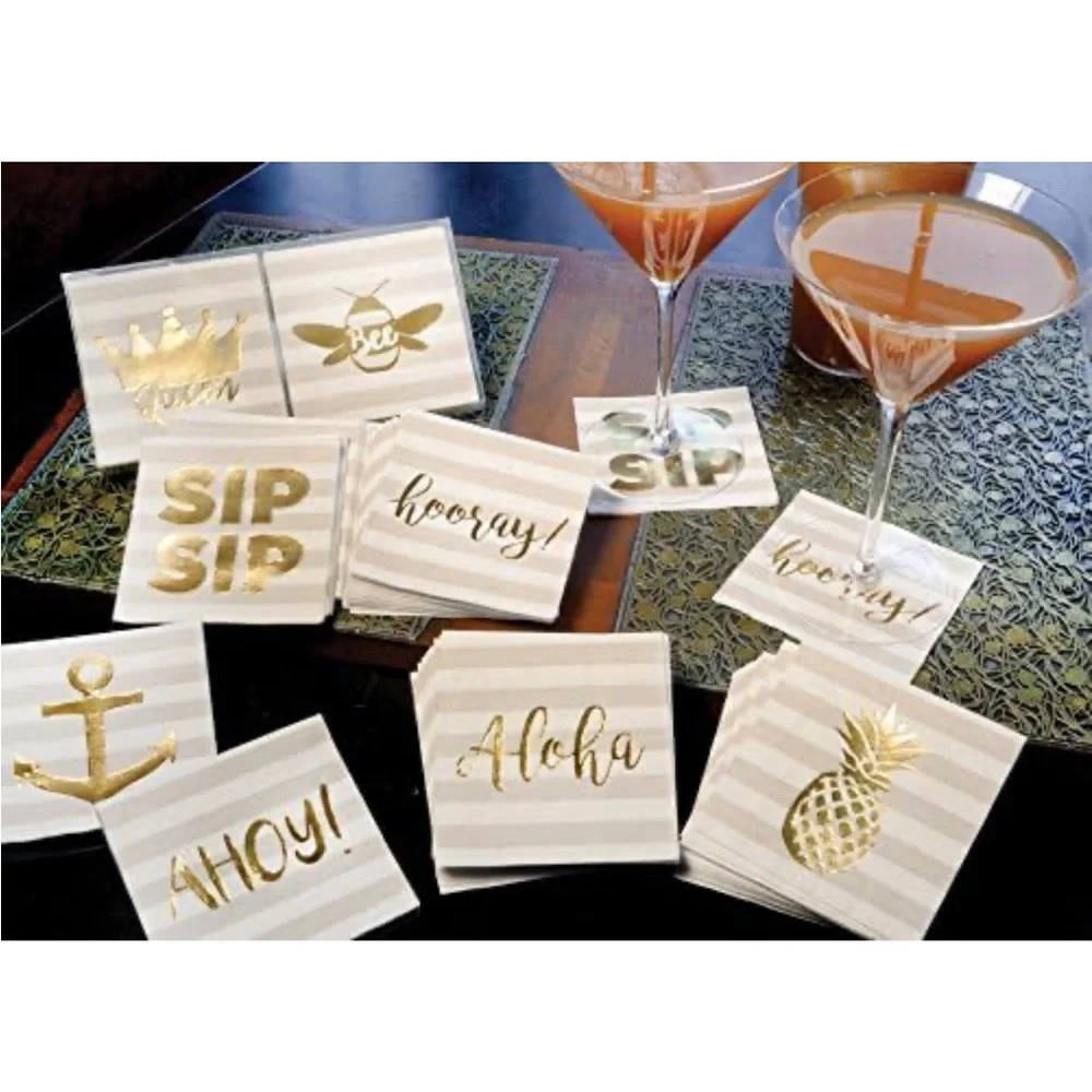 Boston International Gold Foil Stamped 3-Ply  Anchor Ahoy Striped Napkins, 40 ct